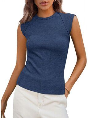 Women's Grey Blue Polyester Blend Cap Sleeve Slim Fitted Basic Casual Tank Top